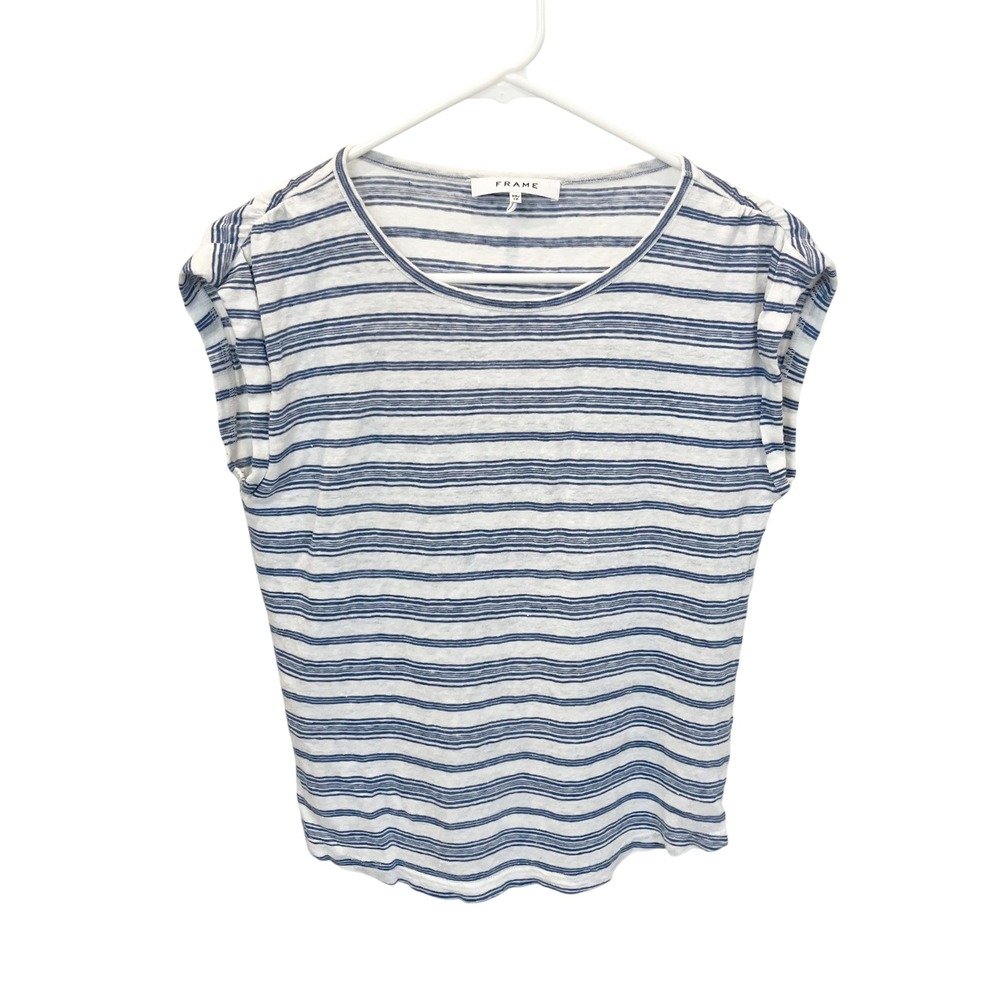 Frame Organic Linen Striped Cap Sleeve Tee Blanc Multi Blue White Coastal XS